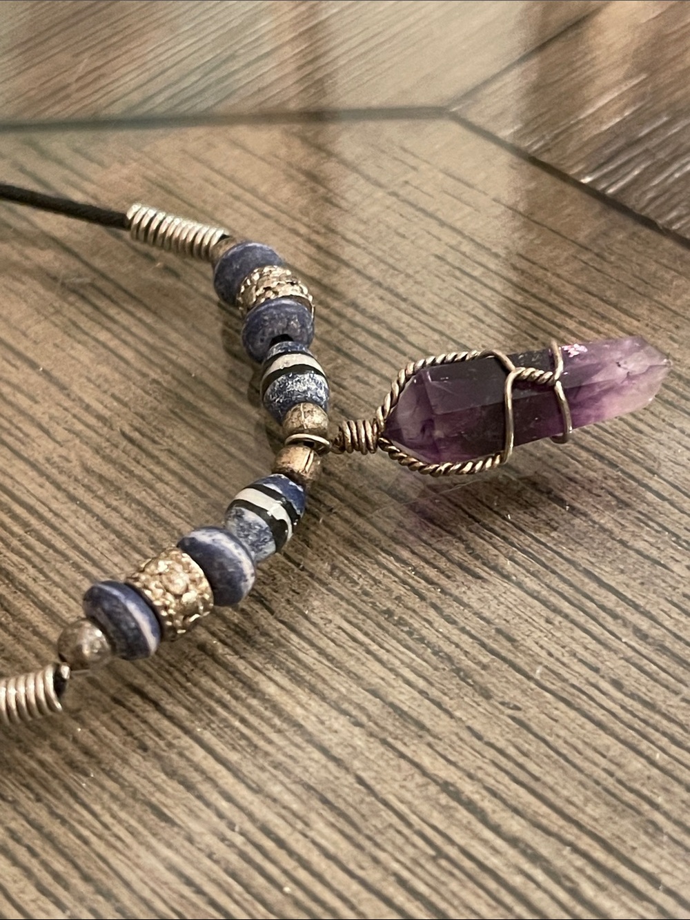 Vintage 1990’s Style Wire Wrapped Amethyst Crystal Black Cord Necklace - Picture 14 of 15